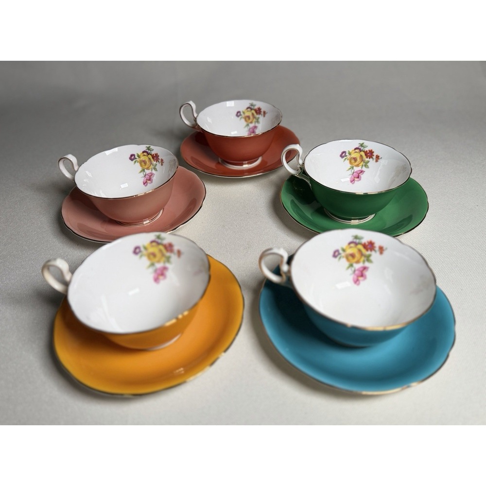 Vtg Aynsley England Bone China Harlequin Tea Cup Saucer Set 5 NM B4721 Gold Gilt